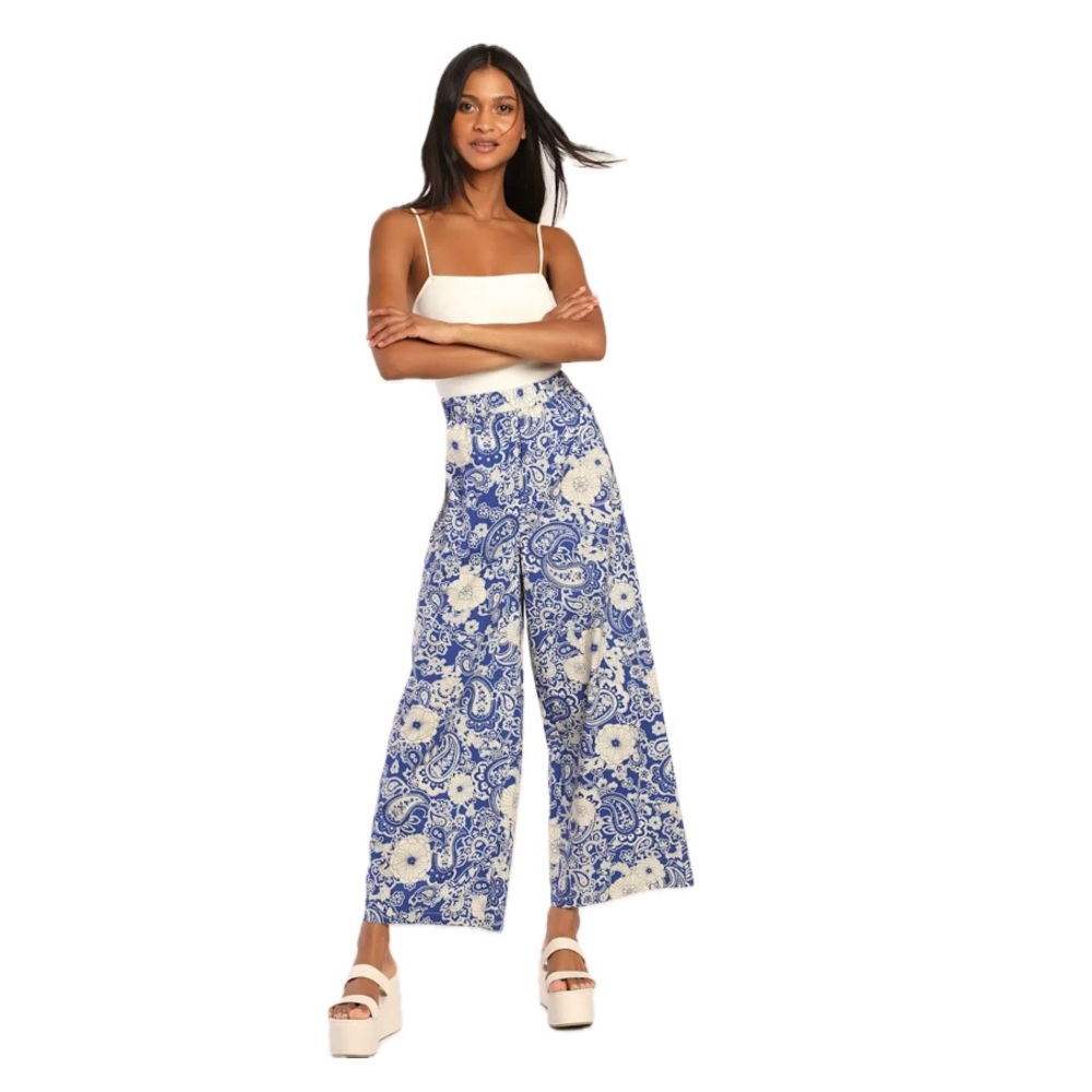Lulu's Blue & Cream Paisley Wide Leg Pants